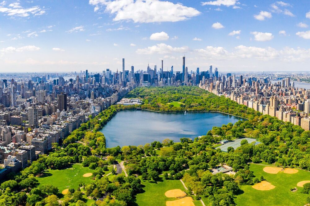 Aerial view of Central Park from Midtown — Central Park bike route from Astra Bike Rentals NYC at 873 7th Avenue
